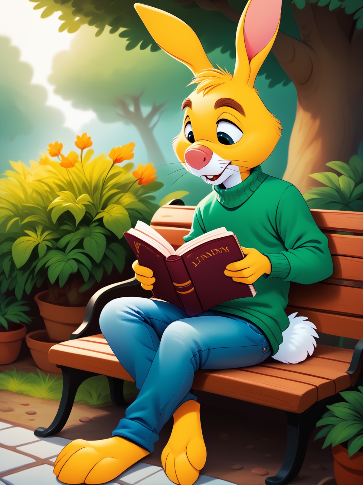 <lora:Rabbit_Pooh:1> rabbitpooh, PonyXLV6_Scores, 1boy, an anthro rabbit sitting on a park bench reading a book, wearing a...